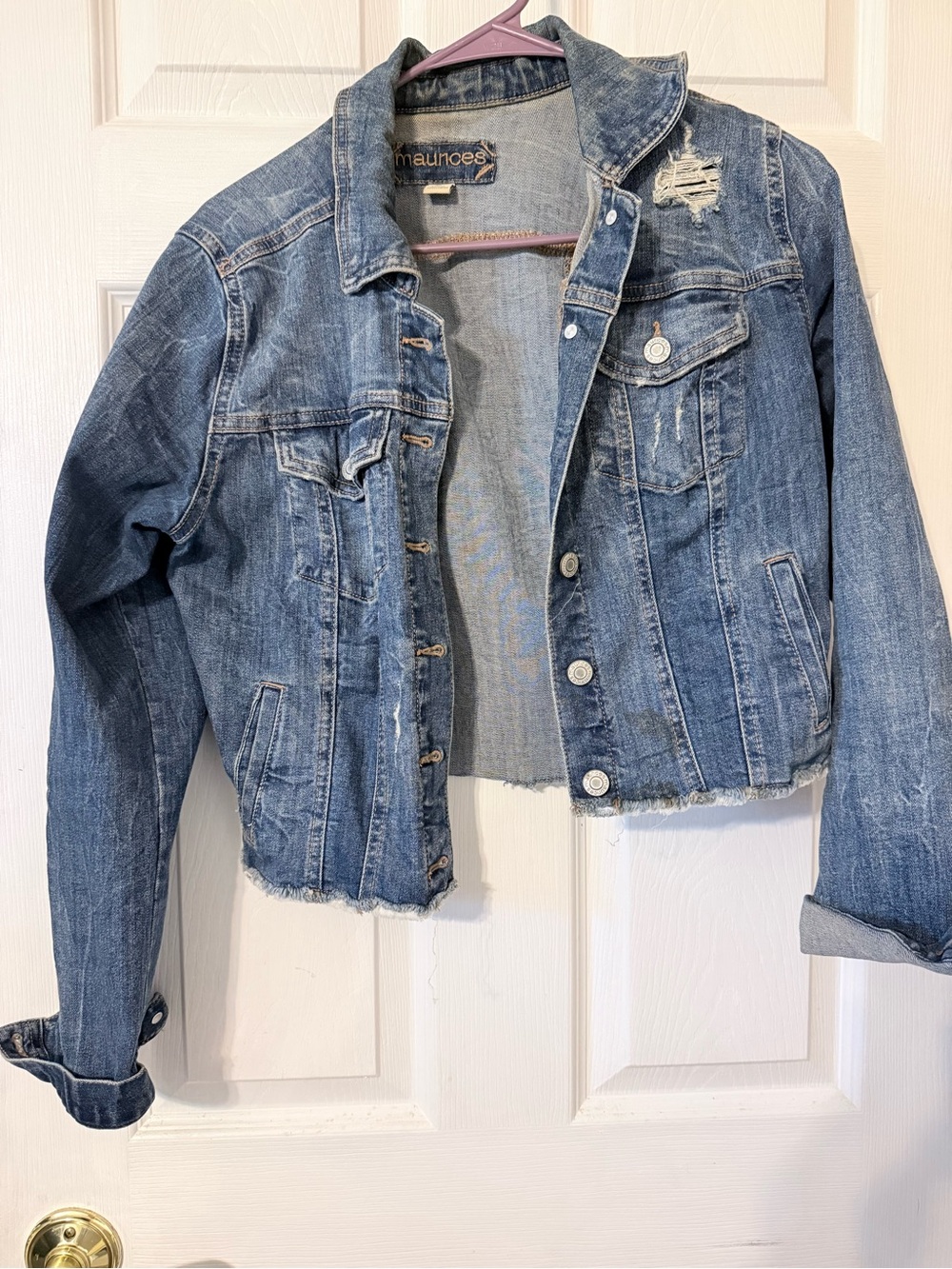 Maurices Light Blue Distressed Cropped Denim Jacket